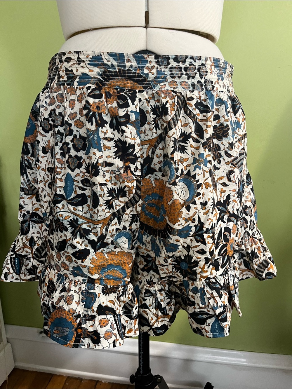 Ulla Johnson White Floral Ruffle Hem Shorts with Blue & Brown Accents